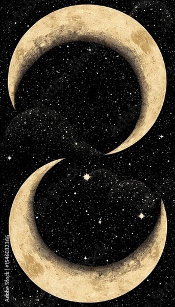 Fototapeta Two crescent moons in a starry night sky. The moons are golden with a textured surface, surrounded by a deep black background filled with small stars.