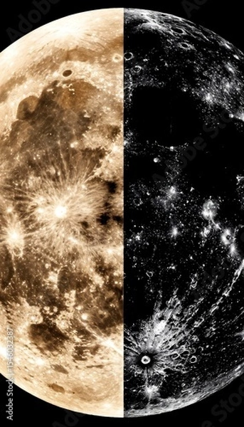 Fototapeta A split image of the moon showing two contrasting sides. One side is bright and detailed, while the other is dark and shadowy. Stars are visible in the background.