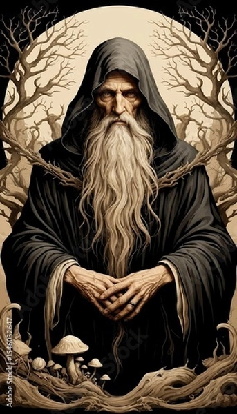 Fototapeta An elderly man with a long white beard wears a dark hooded robe. He stands among bare trees and mushrooms, evoking a mystical atmosphere.