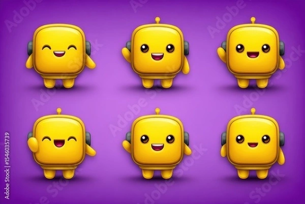 Fototapeta Cheerful yellow robot characters expressing different emotions surrounded by a vibrant purple background emphasizing joy and happiness designed for playful digital applications and creative