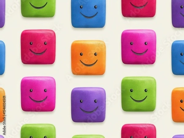 Fototapeta Colorful square icons with smiling faces arranged harmoniously on a soft backdrop creating a vibrant atmosphere of joy and positivity inviting happiness and lively expression