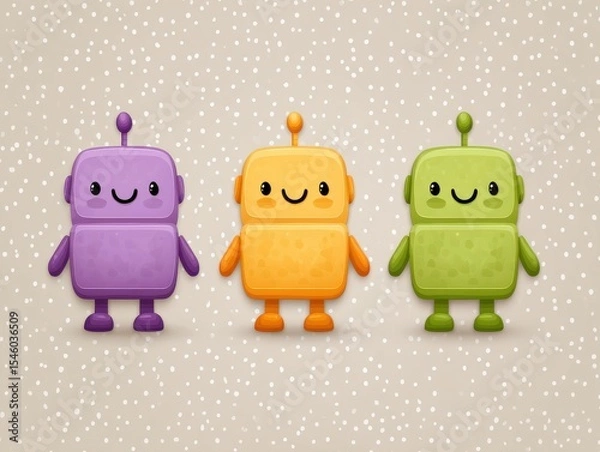 Fototapeta Three cheerful cartoon robots in vibrant colors standing together against a playful backdrop showcasing friendly expressions and whimsical design perfect for children's content and educational