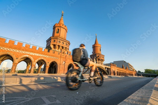 Fototapeta Oberbaum Bridge with soft sunset light and blurry cyclist in motion in Berlin. Germany