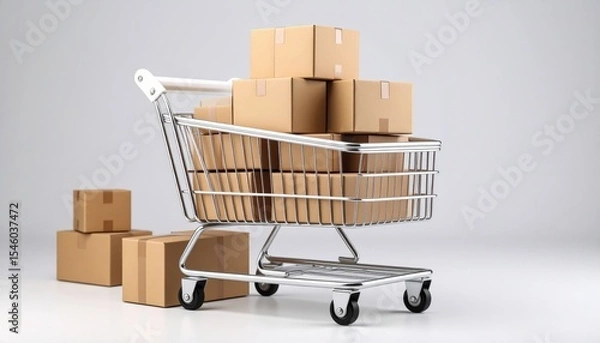 Obraz Shopping cart overflowing with stacked cardboard boxes against a neutral backdrop