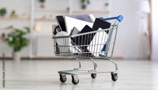 Obraz Shopping cart overflowing with modern electronics on a bright clean surface