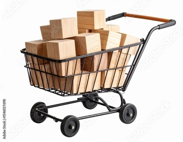 Obraz Shopping cart overflowing with wooden blocks on a clean white background