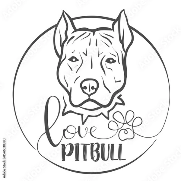 Fototapeta Artistic vector emblem: White-filled AmStaff or Pitbull head with freehand collar. Love flows into single-line paw print Pitbull in casual script. Advocacy design on transparent background
