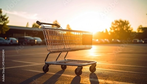 Obraz Shopping Cart Silhouetted Against a Golden Sunset in a Parking Lot