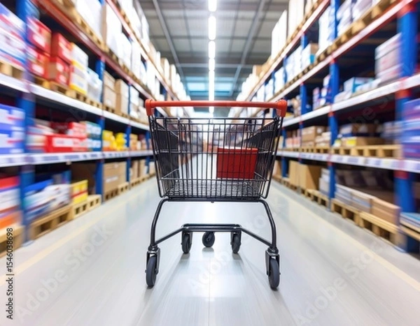 Obraz Shopping cart speeding through a warehouse aisle with blurred shelves