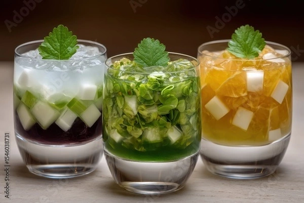 Fototapeta Refreshing summer cocktails showcasing vibrant layers with mint garnish served in clear glasses, tantalizing flavors inviting enjoyment for social gatherings and festive celebrations