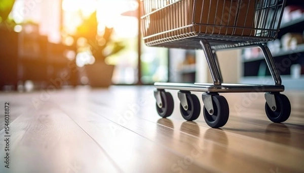 Obraz Shopping cart wheels on a shiny wooden floor with sunlight streaming through the window