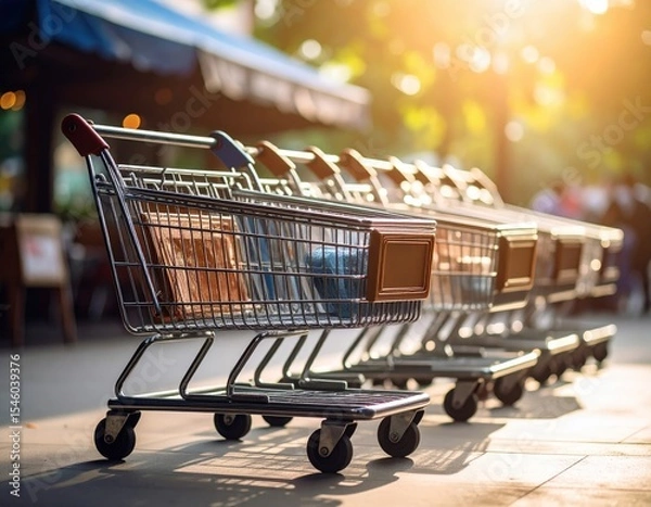 Obraz Shopping carts lined up on a sunny street ready for customers