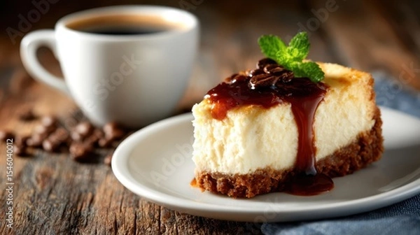 Fototapeta A delectable slice of cheesecake topped with caramel sauce sits beside a steaming cup of coffee, inviting you to indulge in a delightful dessert experience perfect for food lovers.