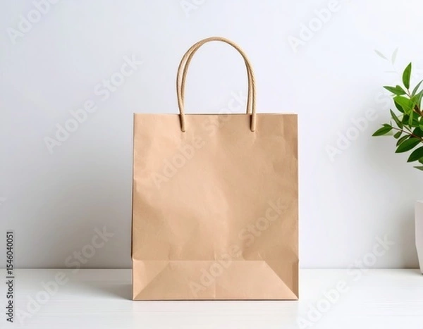 Obraz Simple Brown Paper Bag on White Table with Green Plant Accent
