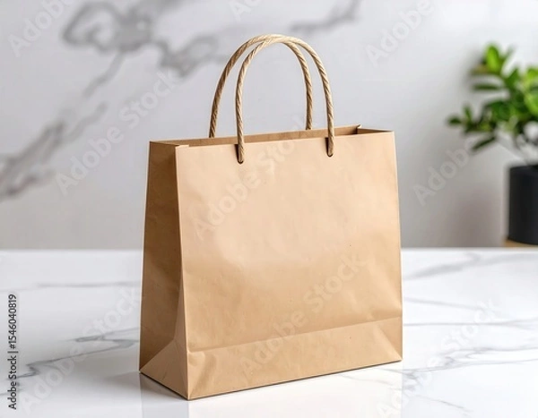 Obraz Simple Brown Paper Bag with Twisted Handles on a Marble Surface