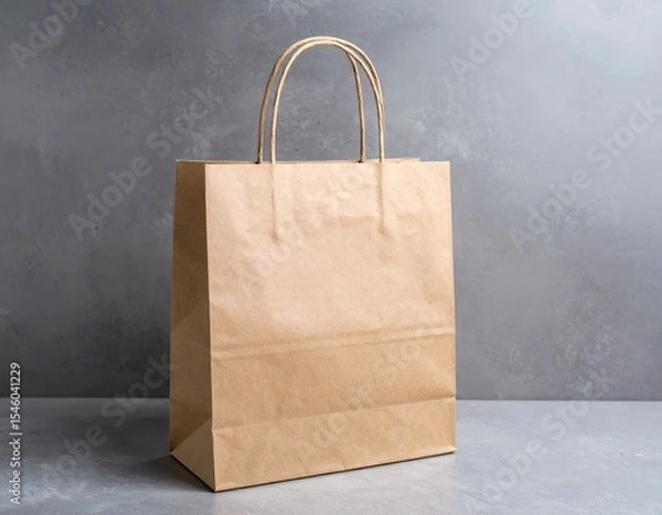 Obraz Simple brown paper shopping bag with handles on a gray textured surface