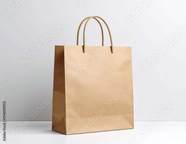 Obraz Simple brown paper shopping bag with rope handles on a white surface