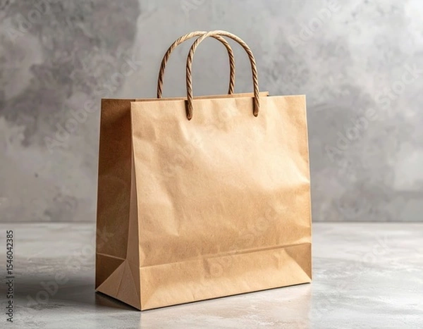 Obraz Simple brown paper shopping bag with twisted handles on a grey surface
