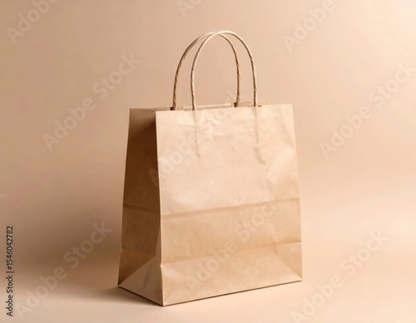 Obraz Simple Brown Paper Shopping Bag with Twisted Handles on Beige Background