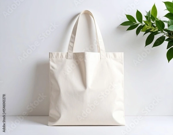 Obraz Simple Cream Tote Bag with Green Leaves Against a White Background