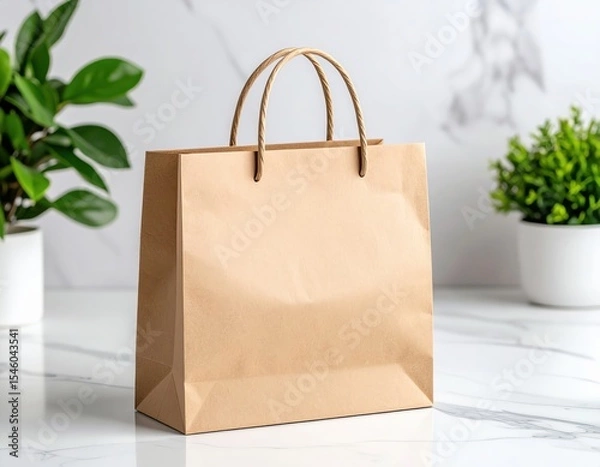 Obraz Simple Kraft Paper Bag on Marble Surface with Potted Plants Backdrop