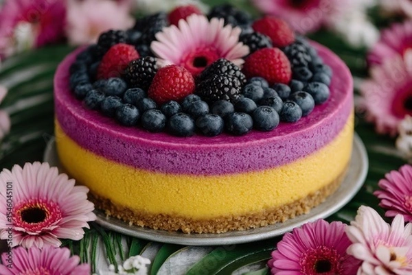Fototapeta Exquisite layered cheesecake adorned with berries and daisies surrounded by vibrant floral arrangements presenting a delightful culinary masterpiece that captivates the senses and entices the