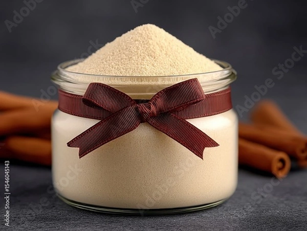 Fototapeta Glass jar filled with light brown sugar and tied with a brown ribbon amid cinnamon sticks conveying the essence of baking and culinary delights for homemade recipes and festive treats