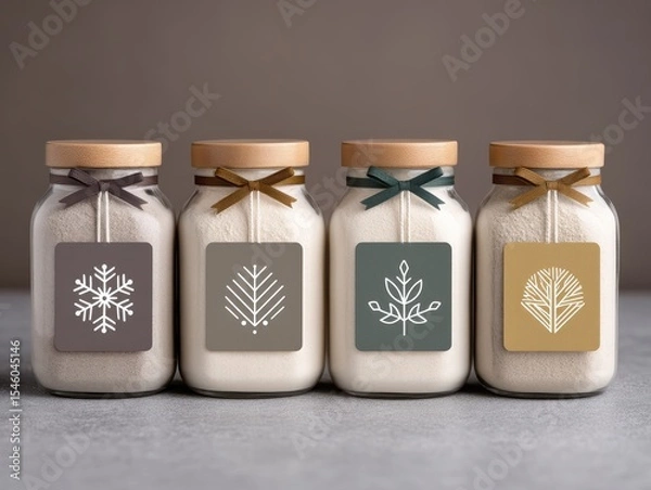 Fototapeta Beautifully arranged glass jars showcasing pastel colored labels with intricate nature designs on a neutral backdrop creating an aesthetic appeal in a modern kitchen setting emphasizing cozy