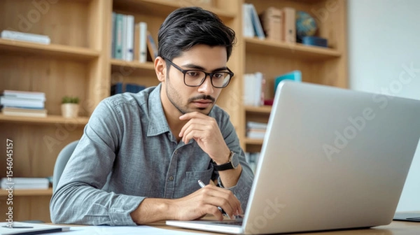 Fototapeta Young serious indian professional business man, focused ethnic male student wearing glasses working on laptop, remote studying using computer looking at screen watching seminar webinar