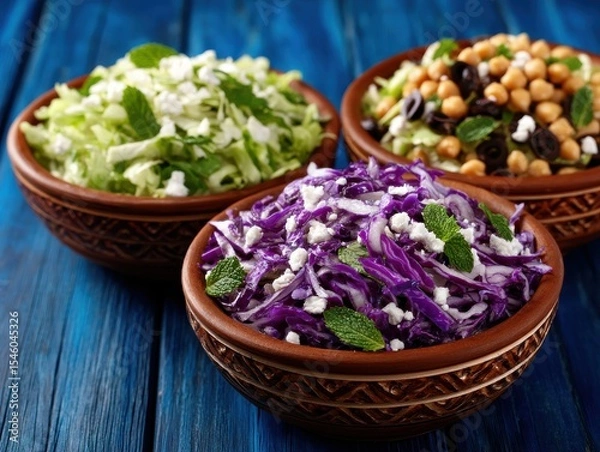 Fototapeta Freshly prepared colorful salads featuring crunchy vegetables and herbs arranged in rustic bowls on a wooden table highlighting vibrant flavors and healthy lifestyle choices