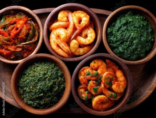Fototapeta Five Varieties of Shrimp Dishes in Wooden Bowls with Rich Green Sauces and Spicy Vegetable Stew Capturing the Essence of Culinary Diversity and Flavorful Traditional Cuisine