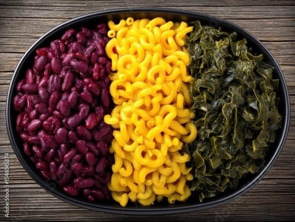 Fototapeta A vibrant dish featuring three distinct food elements red kidney beans creamy macaroni cheese and wilted greens arranged appealingly on a rustic wooden background showcasing culinary diversity