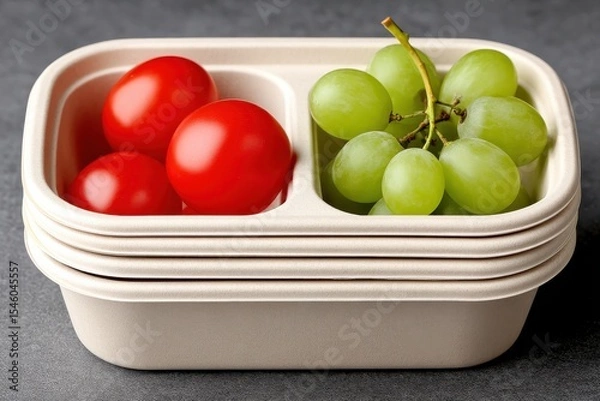 Fototapeta Freshly harvested tomatoes and green grapes in eco-friendly packaging captured on a textured surface reflecting the essence of healthy eating and sustainability in modern dining