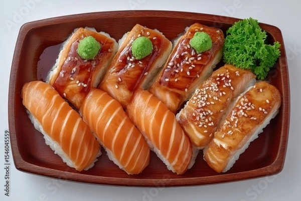 Fototapeta Sushi platter with fresh salmon varieties beautifully arranged on a wooden tray alongside vibrant green wasabi and sesame toppings highlighting culinary artistry and flavor diversity