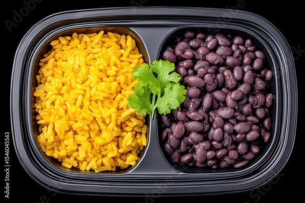 Fototapeta Nourishing combination of flavorful yellow rice and hearty black beans topped with fresh cilantro for a wholesome meal option enhancing culinary delight captured with clarity
