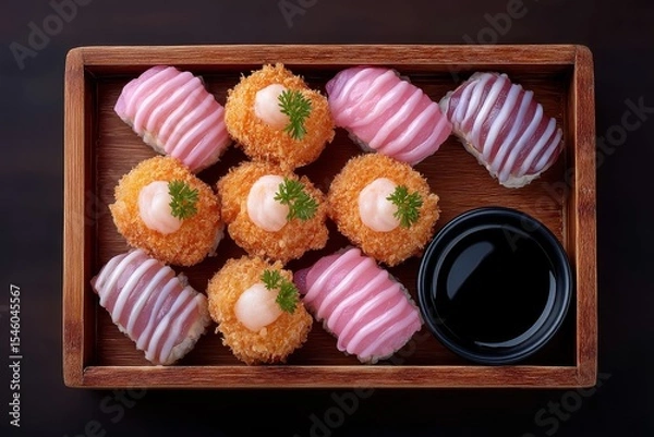Fototapeta Artfully arranged sushi pieces on a wooden platter showcasing vibrant colors and diverse textures accompanied by a small bowl of soy sauce highlighting creativity and culinary craftsmanship