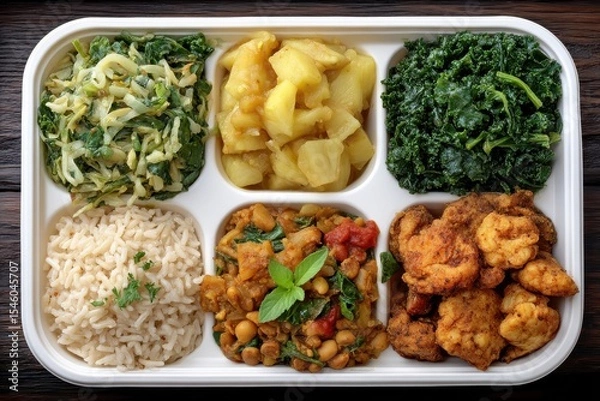 Fototapeta Colorful meal prep box featuring diverse healthy dishes including fluffy rice, assorted vegetables, lentils, and a flavorful fried protein surrounded by fresh herbs in a vibrant presentation
