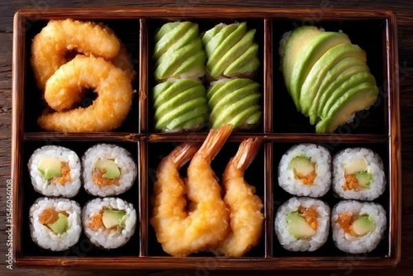 Fototapeta Gourmet sushi assortment featuring crispy tempura shrimp, vibrant avocado rolls, and delicate fish rolls served in a traditional bento box on a rustic wooden table enhancing culinary delight