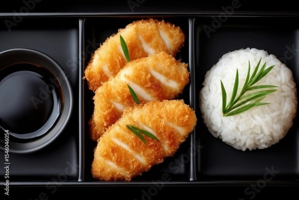Fototapeta Deliciously crispy fried fish fillets served elegantly on a black platter with fluffy white rice and garnished with fresh green herbs showcasing a harmonious culinary experience