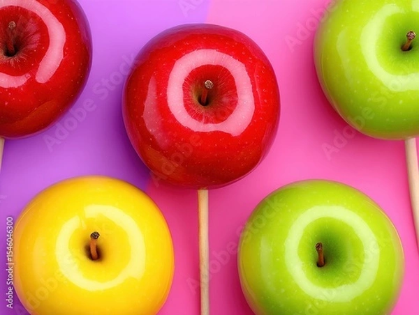 Fototapeta Colorful candy-coated apples arranged artistically on a vibrant backdrop expressing playful indulgence and sweet delight in a visually enticing dessert setting captured with clarity