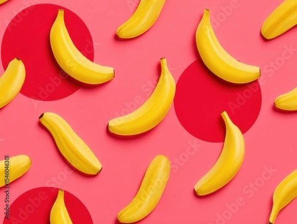 Fototapeta Yellow bananas arranged artistically on a bright pink backdrop featuring round red shapes capturing a playful and vibrant composition in fresh modern minimalistic styling