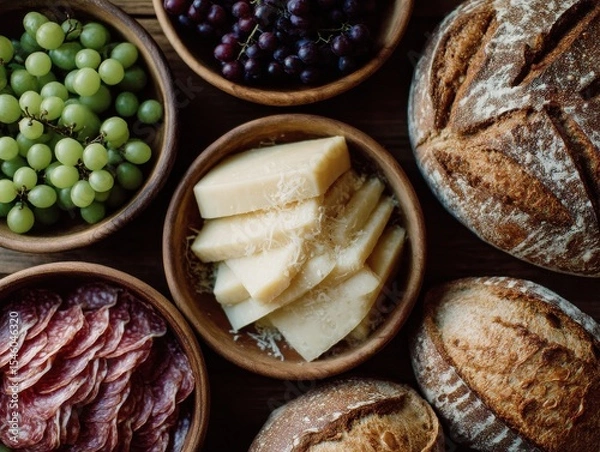 Fototapeta A beautifully arranged selection of organic cheese grapes and salami displayed in rustic wooden bowls showcasing vibrant colors and enticing textures for a gourmet culinary experience