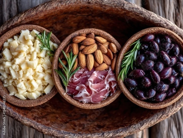 Fototapeta Gourmet cheese, savory prosciutto, and flavorful olives paired with roasted almonds create a delightful spread on rustic wooden table captured with clarity