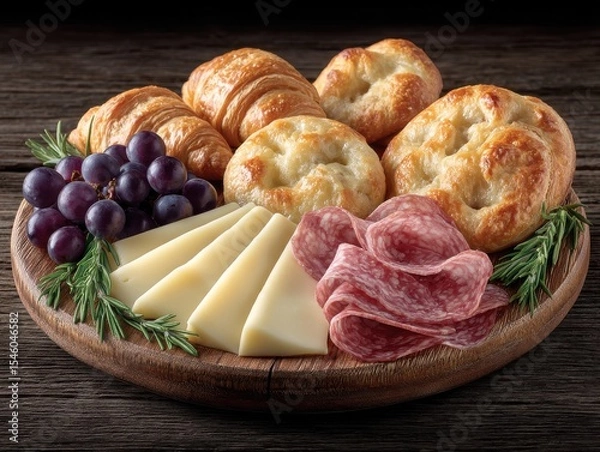 Fototapeta Assorted gourmet platter featuring delectable croissants cheese slices grapes and savory meats showcasing a rustic wooden background and inviting presentation ideal for culinary events