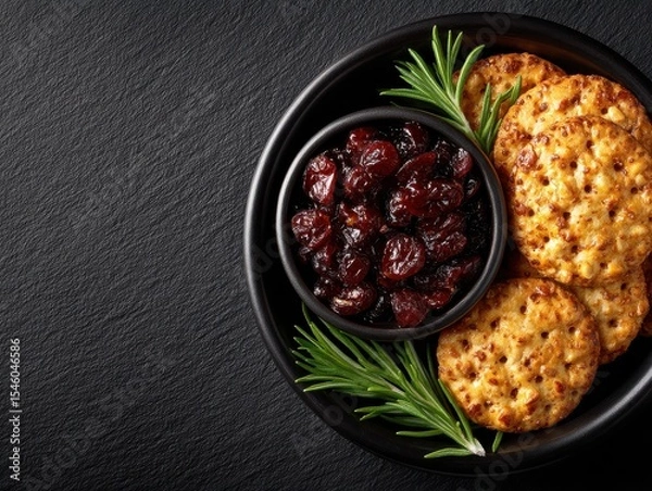 Fototapeta Deliciously crafted crackers served on a black plate alongside tangy dried cranberries garnished with fresh rosemary sprigs presenting a sophisticated culinary experience