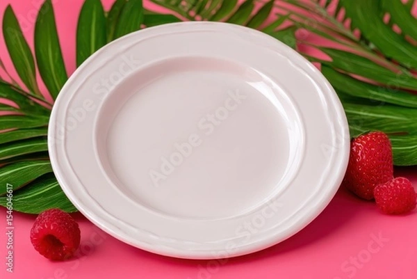 Fototapeta A decorative white plate surrounded by vibrant green palm leaves and fresh red raspberries set against a bright pink backdrop creating a lively and inviting culinary presentation