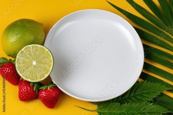 Fototapeta Fresh citrus fruits arranged beside a blank plate showcasing vibrant colors and natural textures evoking a sense of summer freshness and culinary creativity for food presentation