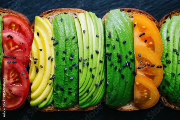 Fototapeta Colorful avocado toast topped with sliced tomatoes and sesame seeds showcasing healthy eating trends and vibrant colors in a beautifully arranged composition reflecting modern culinary culture