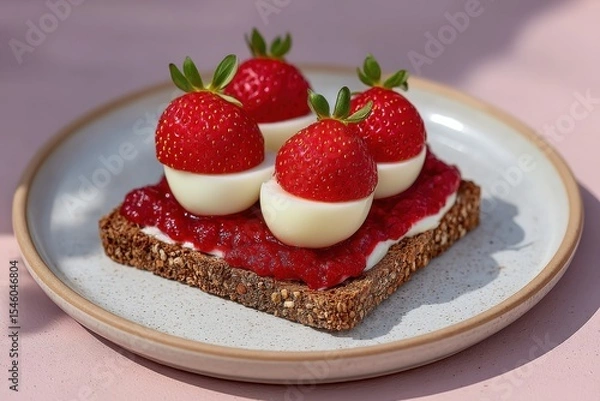 Fototapeta Indulgent open-faced sandwich topped with creamy yogurt and fresh strawberries layered on a bed of tart berry jam against a soft pastel backdrop evoking a delightful culinary experience