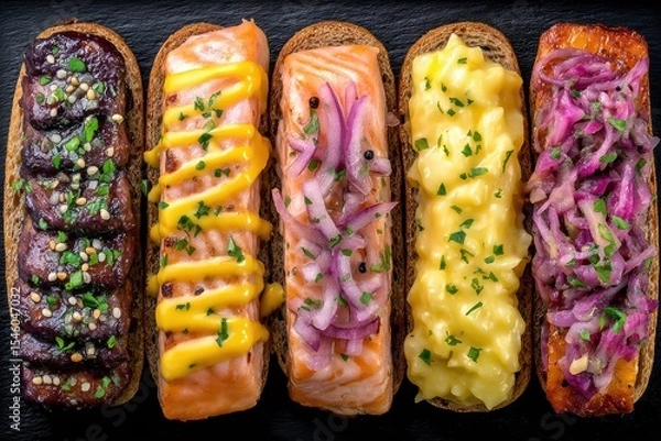 Fototapeta Gourmet bread slices topped with savory salmon variations including grilled and creamy flavors, creating a delightful culinary experience capturing the essence of modern gourmet cuisine